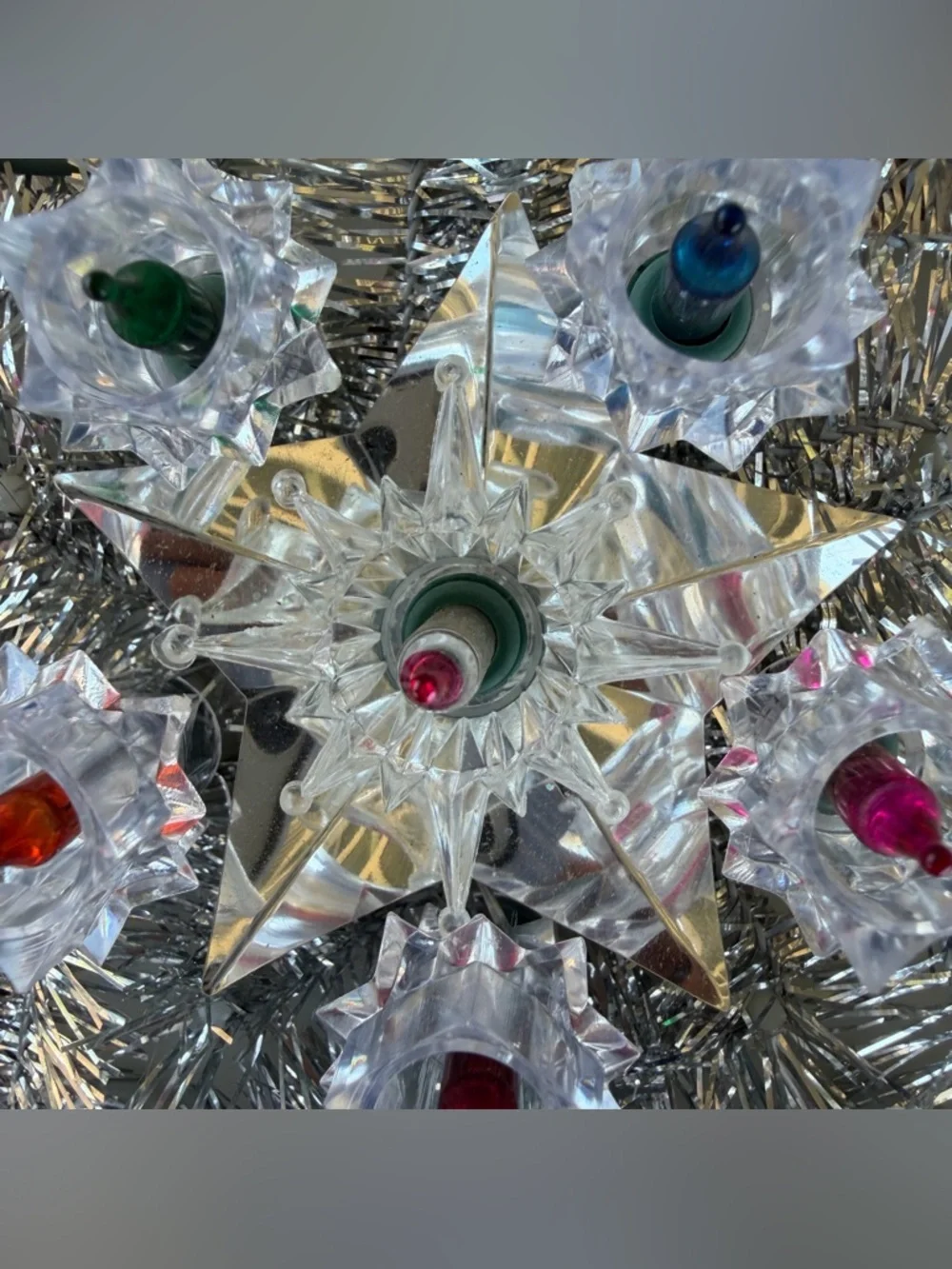 VTG MCM Silver Tinsel Blinking Light Star Tree Topper Multicolor Lights Works!